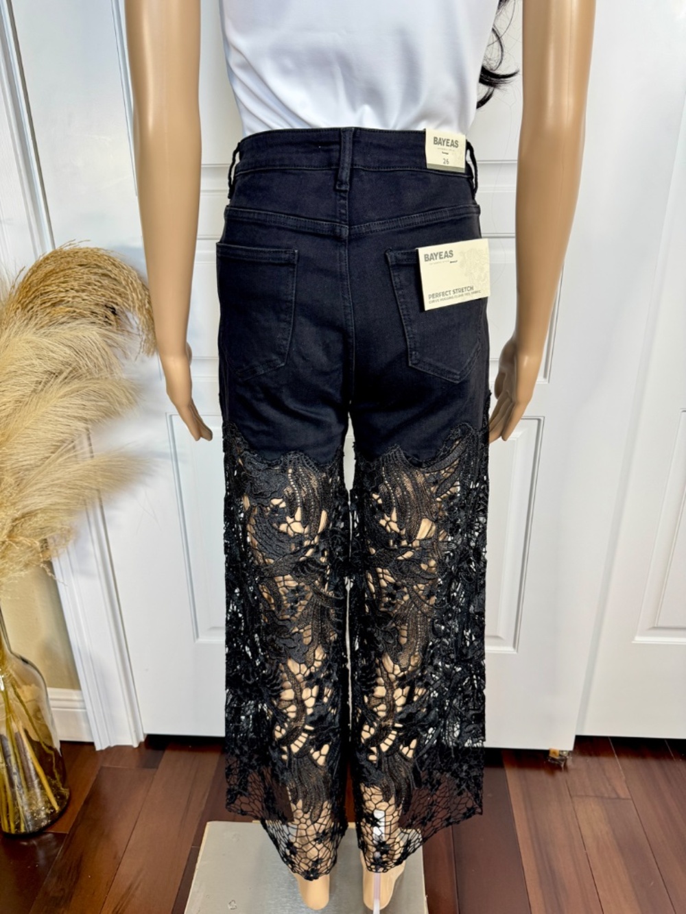 BLACK HIGH WAIST CRYSTAL EMBELLISHED CURVE HUGGING WIDE LEG LACE JEANS - Picture 6 of 12
